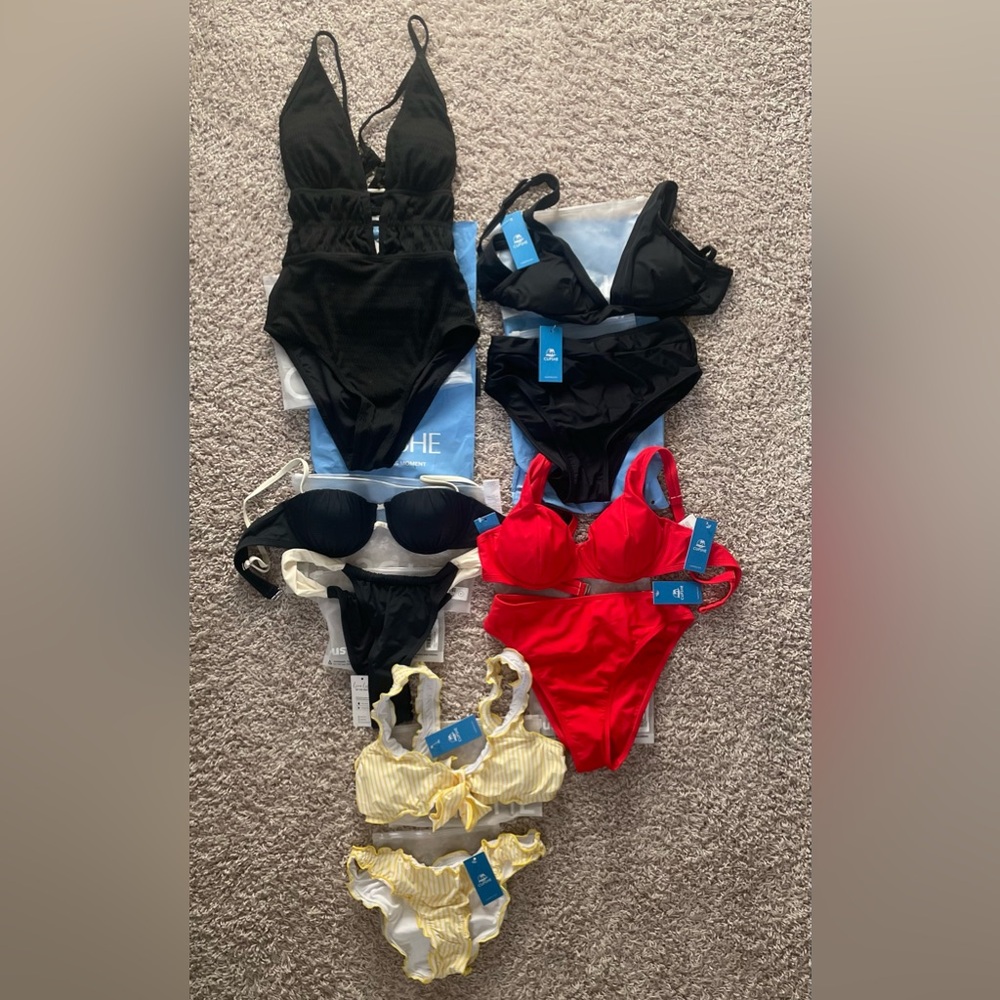 Women’s Cupshe Swimsuit Bundle NWT, one-piece + 4 bikinis - Black, Red, Yellow